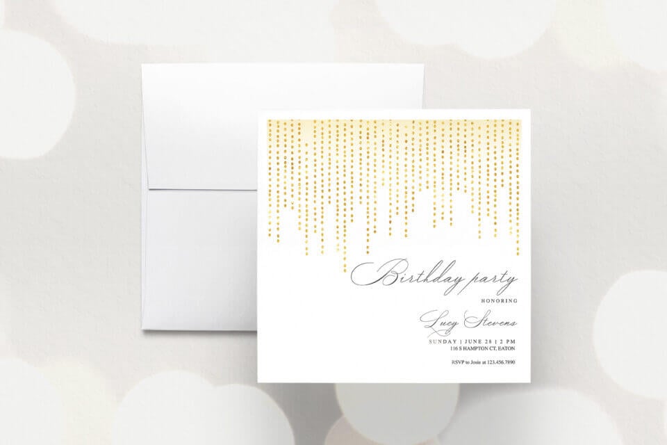 glitter gold birthday invitation, white envelope 