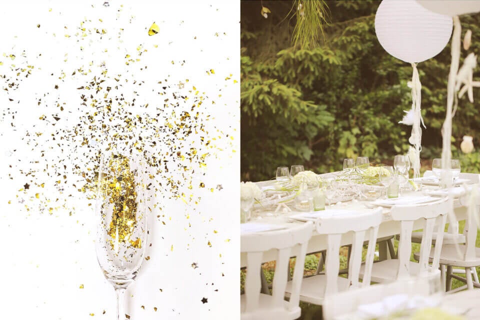 outdoors outside white table set, glitter glass 