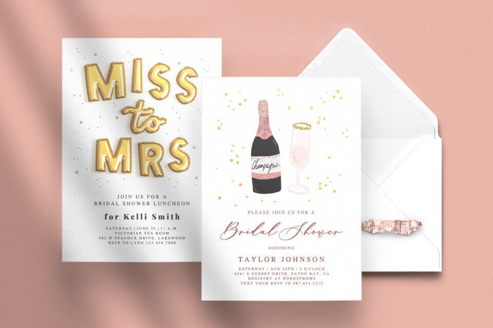 Chic Bridal Shower Invitations: One features golden balloon letters 'Miss to Mrs.', while the other showcases a pink champagne bottle and flute with 'Bridal Shower' in pink. An open envelope rests in the background on a serene peach backdrop.