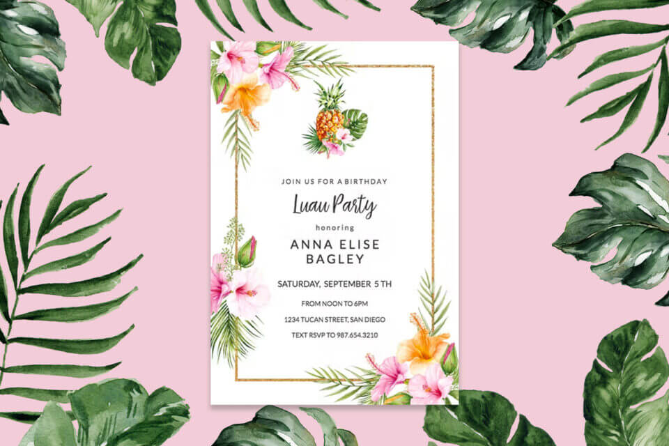 Lively Luau Celebration Invitation: Bursting with vibrant flowers, lush greenery, and a playful pineapple illustration, this invitation exudes tropical charm.