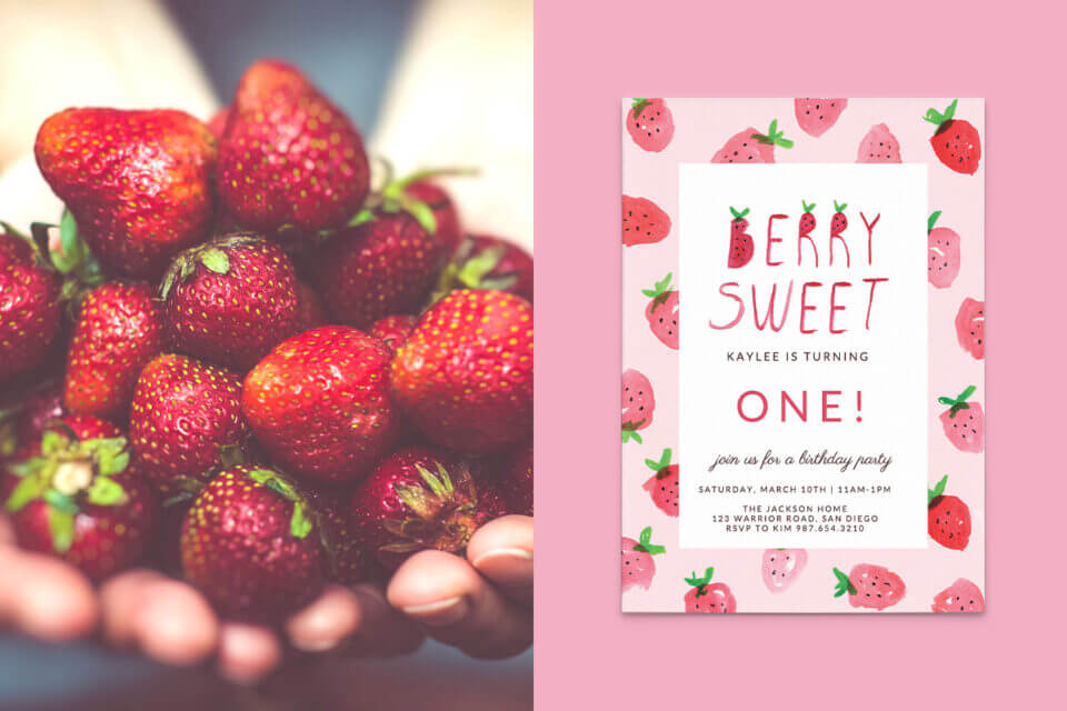 Berry first birthday invitation, red strawberries 
