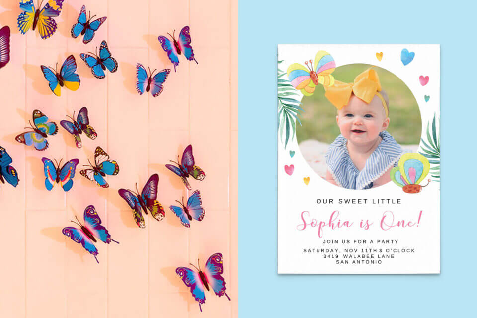 Butterfly-Themed First Birthday Party Invitation: Featuring Butterfly Illustrations, a Center Photograph of the Baby, and Pink Text. Complemented by Butterfly Wall Decorations for a Whimsical Touch.