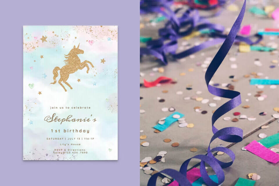 Enchanting Unicorn First Birthday Invitation: Gold Unicorn Against a Pastel Background with Golden Stars, Accented by Gold Text. The other Side Features a Sprinkle of Purple Confetti for a Whimsical Touch.