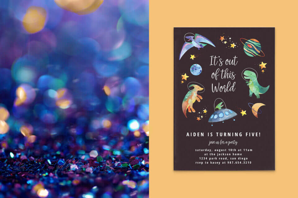 space, dinosaurs theme birthday party invitation, space theme party invitation, glitter blue 