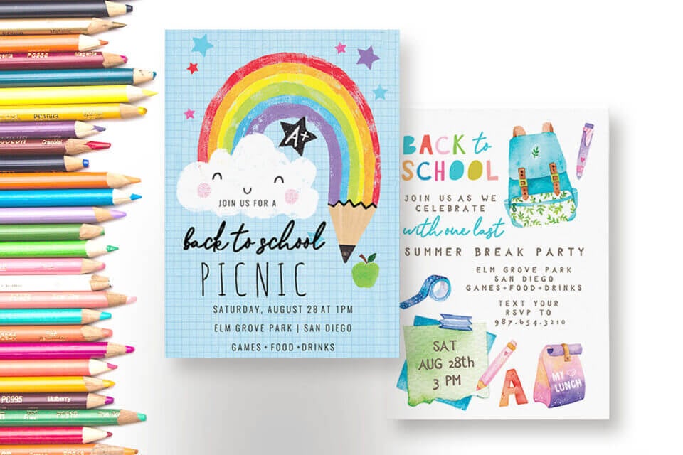 Back-to-School Party Invitations: Choose Your Vibe! One with a Smiley Cloud and Rainbow Pencil, the Other Featuring Backpack and School Supplies - Let's Celebrate the School Year Ahead!