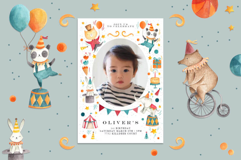 Circus-Themed First Birthday Party Invitation: Featuring Playful Circus Elements Surrounding a Center Photograph of the Birthday Baby.