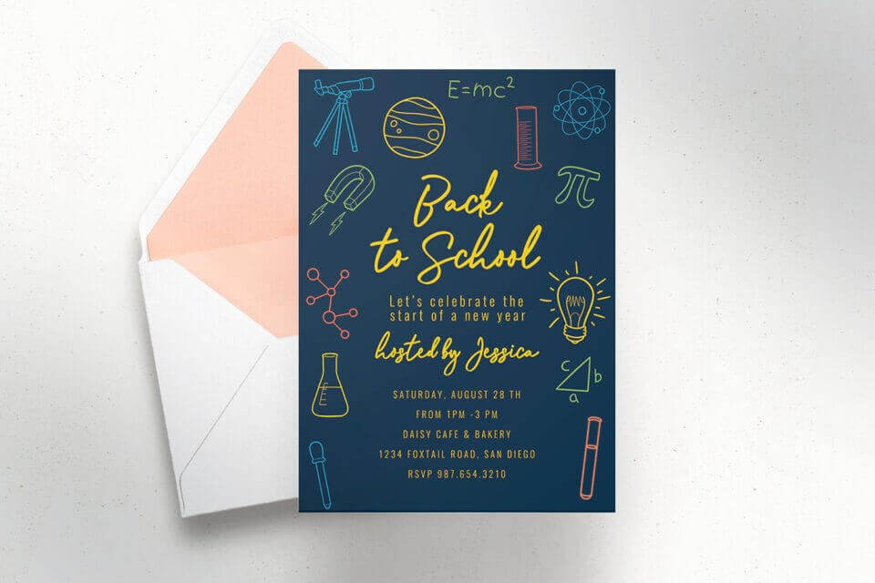 Back-to-School Party Invitation: Dive into the World of Science! Dark Blue Background with Colorful Scientific Line Illustrations. Envelope Included.