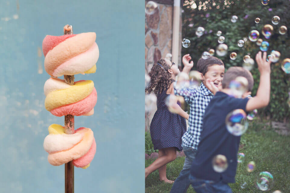 back-to-school party ideas marshmallows on stick and kids playing outside with soap bubbles  