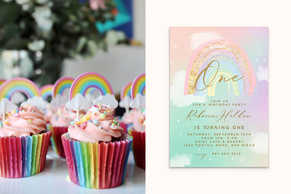 Vibrant Rainbow Birthday Party Invitation: A Sparkling Watercolor Rainbow Design with a Golden 'One'. The Colorful Background Sets the Stage for Rainbow Cupcakes on the other Side.