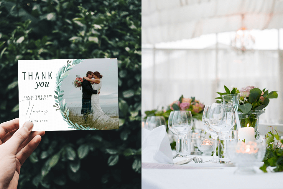 Wedding thank you card against a lush foliage table setting with greenery leaves. A hand holds the card on one side, while a beautifully set table with candles and dinnerware completes the wedding scene on the other.