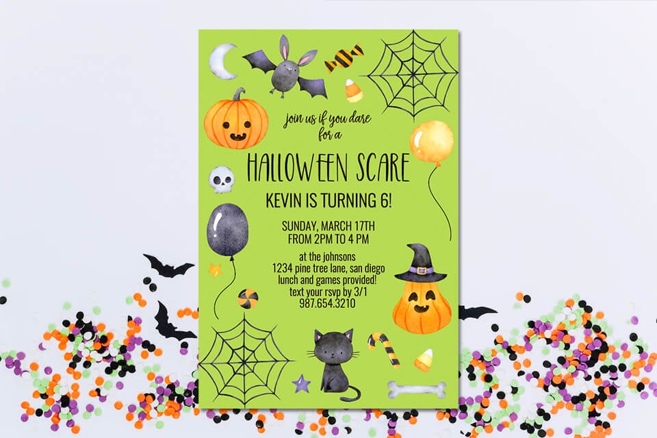 Festive Green Halloween Birthday Party Invitation with a Confetti Background. Illustrations Include Pumpkins, Balloons, a Black Cat, Bat, and Spider Webs for Spooky Fun!