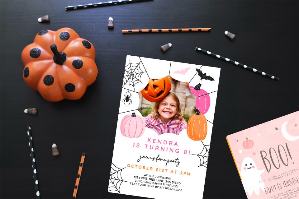 Vibrant Halloween Kids Birthday Invitation: Playful Orange and Pink Pumpkins Against a Mysterious Black Background.