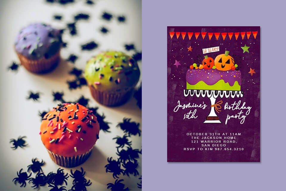 Halloween Cupcakes in Purple, Green, and Orange, Alongside a Kids Birthday Party Invitation with a Festive Halloween Theme Against a Purple Background.