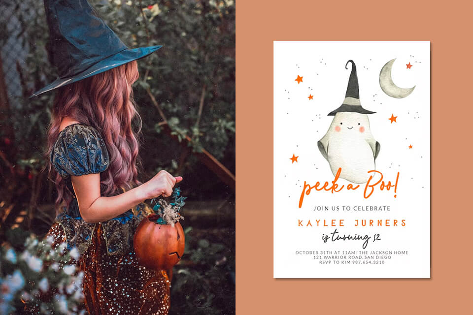 Young Witch Holding a Pumpkin and a Halloween Party Invitation Featuring a Playful Ghost Illustration, with Vibrant Orange Text.