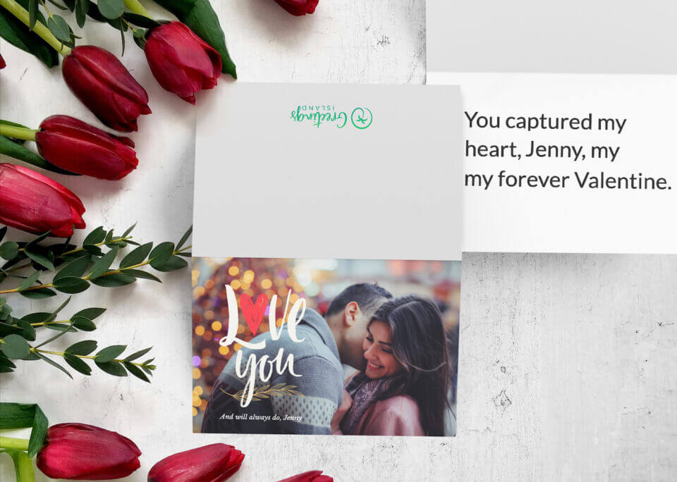 Love You Valentine's Card: Featuring a Photograph of a Couple, Resting on a Table with Roses.