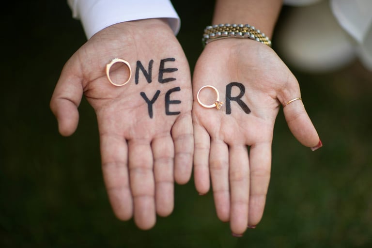 Couple holding wedding rings in open palms with “one year” written on hands for a first anniversary celebration.