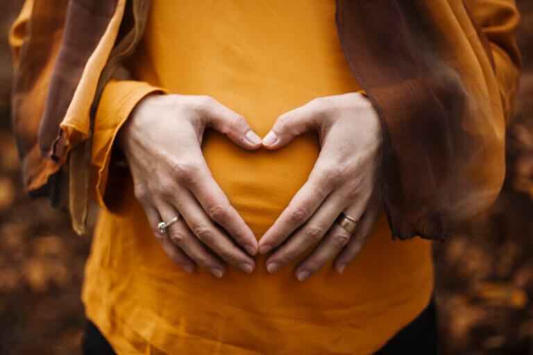 10 Fall Baby Shower Ideas: Inspiration for a Festive Party. Cover featuring a heart-shaped embrace around a pregnant belly.