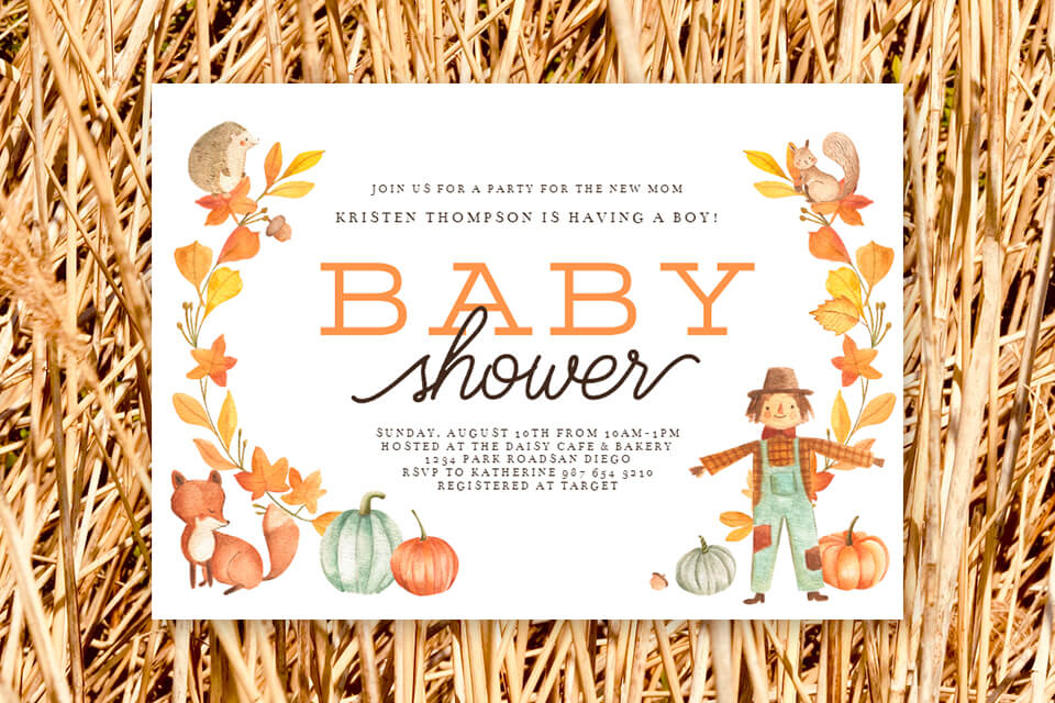 Autumn-themed baby shower invitation adorned with charming illustrations of pumpkins, a fox, squirrel, and hedgehog, all in rich seasonal colors. Resting atop a bed of timeworn straw, exuding rustic charm.