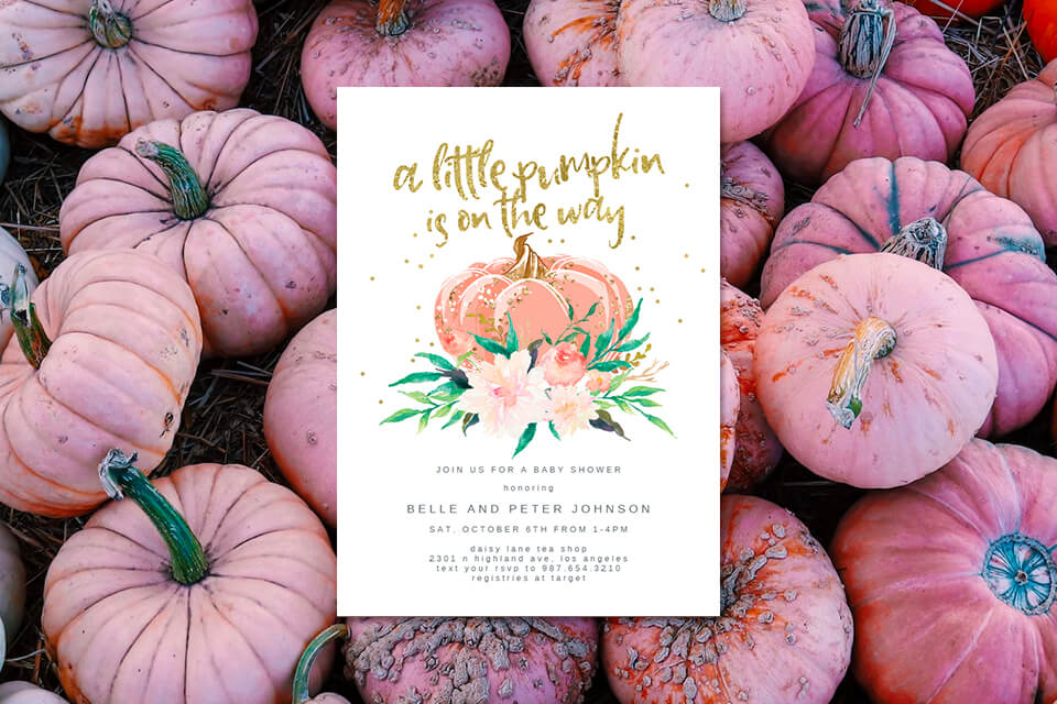 Capture the essence of a festive fall baby shower with pumpkin-themed decor, handmade autumn-colored items, and a touch of seasonal charm featuring gourds and other fruits in a rustic patch setting.