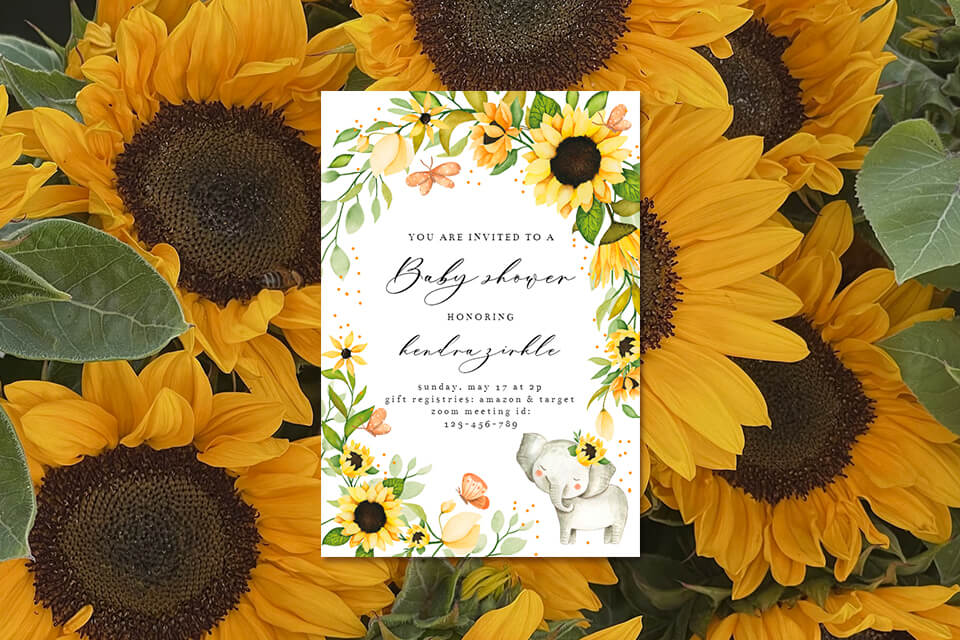 Sunflower-themed baby shower invitation featuring a radiant sunflower illustration, set against a picturesque sunflower field backdrop.