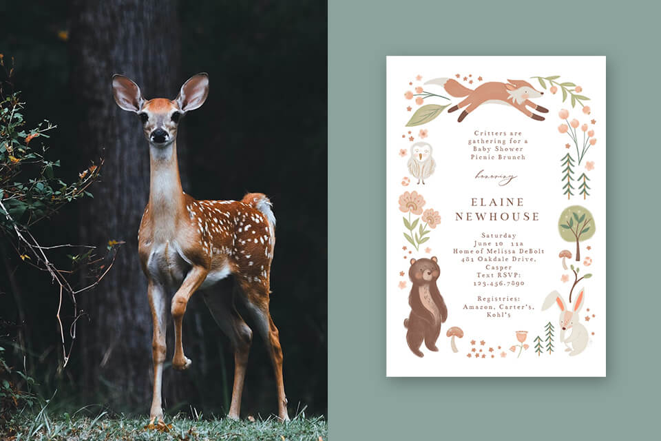 Enchanting woodland-themed baby shower invitation adorned with illustrations of forest creatures like foxes, bears, rabbits, and owls, along with graceful trees. On the reverse side, a sweet image of a baby deer completes the rustic charm.