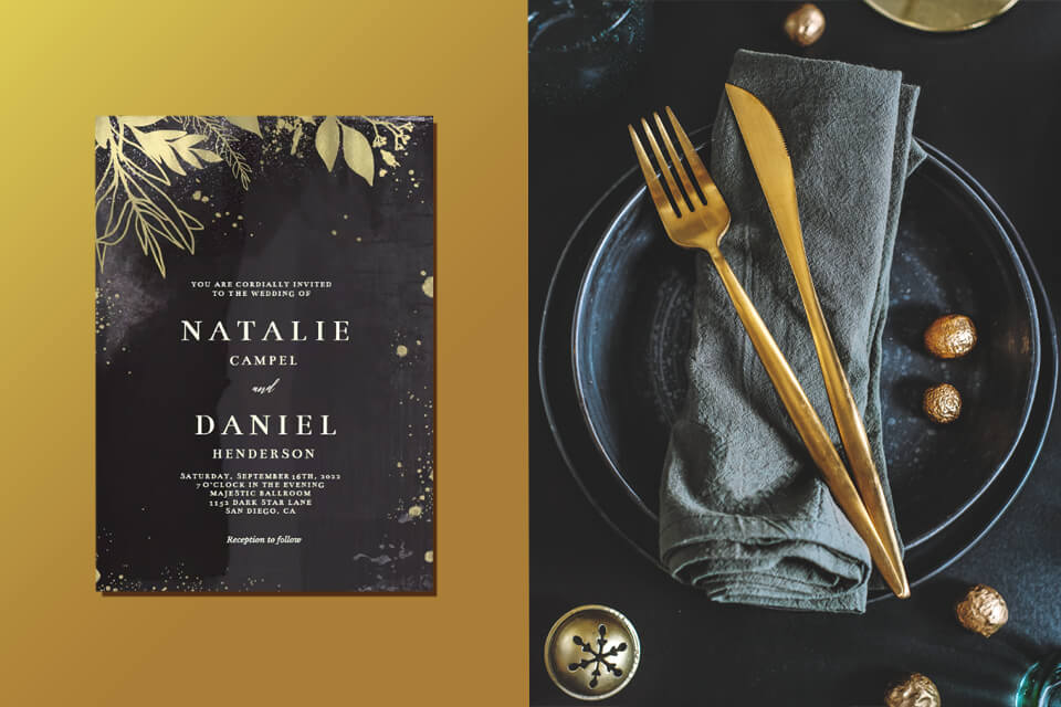 Elegant black and gold wedding invitation alongside a beautifully set winter holiday Christmas wedding table adorned with black plates and gold utensils.