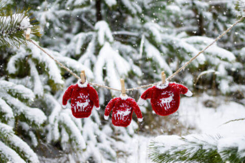 Snowy winter forest scene with a clothesline between two pine trees. Three red Christmas sweaters hang, each featuring a classic 'ugly' design - a reindeer wearing a Santa hat, holding a sack of presents. Sweaters are adorned with snowflakes, candy canes, and jingle bells. Cover for blog post: 'How to Throw an Unforgettable Ugly Christmas Sweater Party'