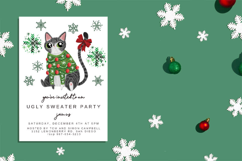 Invitation to Ugly Christmas Sweater Party featuring an adorable cat in a festive sweater against a green background adorned with holiday decorations. Text reads: 'You're invited to an ugly sweater party'