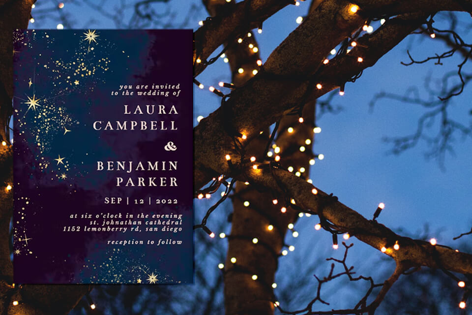 Starry Constellation-themed Wedding Invitation for a Winter Holiday Celebration, adorned with a dark blue background featuring a radiant starry constellation. The elegant text is in white, evoking the enchanting ambiance of the event