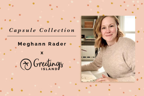 Banner for the capsule collection in collaboration with Meghann Rader for Greetings Island, featuring a captivating portrait of the artist herself