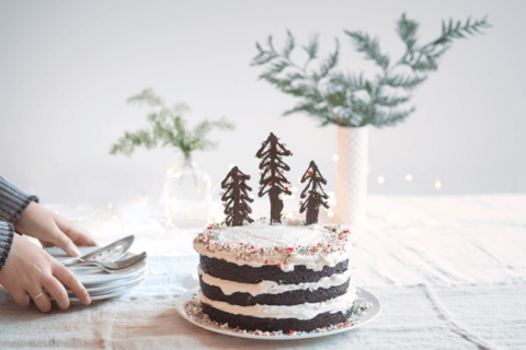 Setting Up a Festive Table: Layered Cake with Chocolate Pine Tree Toppers, Perfect for '10 Playful and Easy Winter Birthday Ideas for Kids' Blog Post Cover
