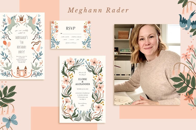 Banner featuring Meghann Rader's portrait flanked by two of her intricate invitation designs and a rsvp card, highlighting her bespoke stationery services.