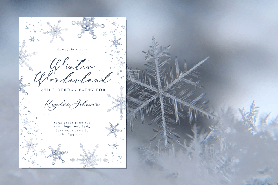 Invitation to a Winter Wonderland Party: Elegant Snowflake Illustrations, Dark Grey Text on a Crisp White Background, Set Against a Close-Up of Glistening Snowflakes
