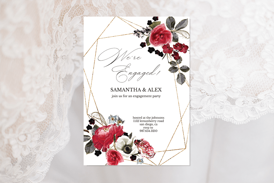 engagement party invitation with flower garland simple elegant on veil background