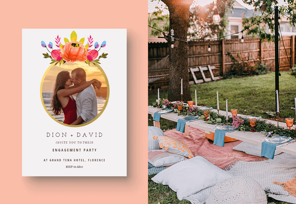 engagement party invitation with flower garland and photo outdoor party venue
