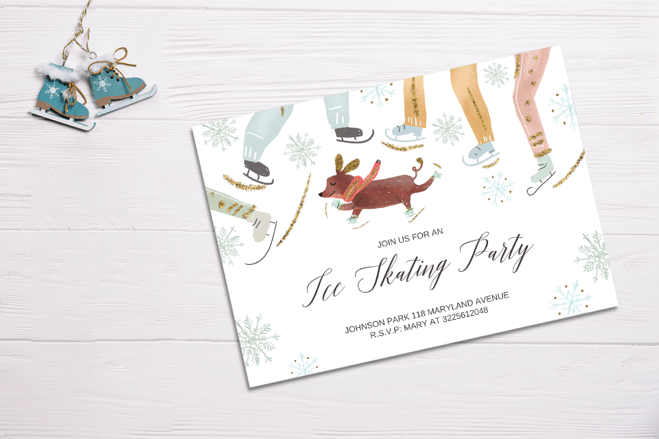 Ice Skating Party Invitation Resting on a Table with a Delightful Skates Ornament. The Invite Showcases Illustrated Feet in Skates, Alongside a Playful Pooch Donning Skates, Setting the Tone for a Festive Celebration.