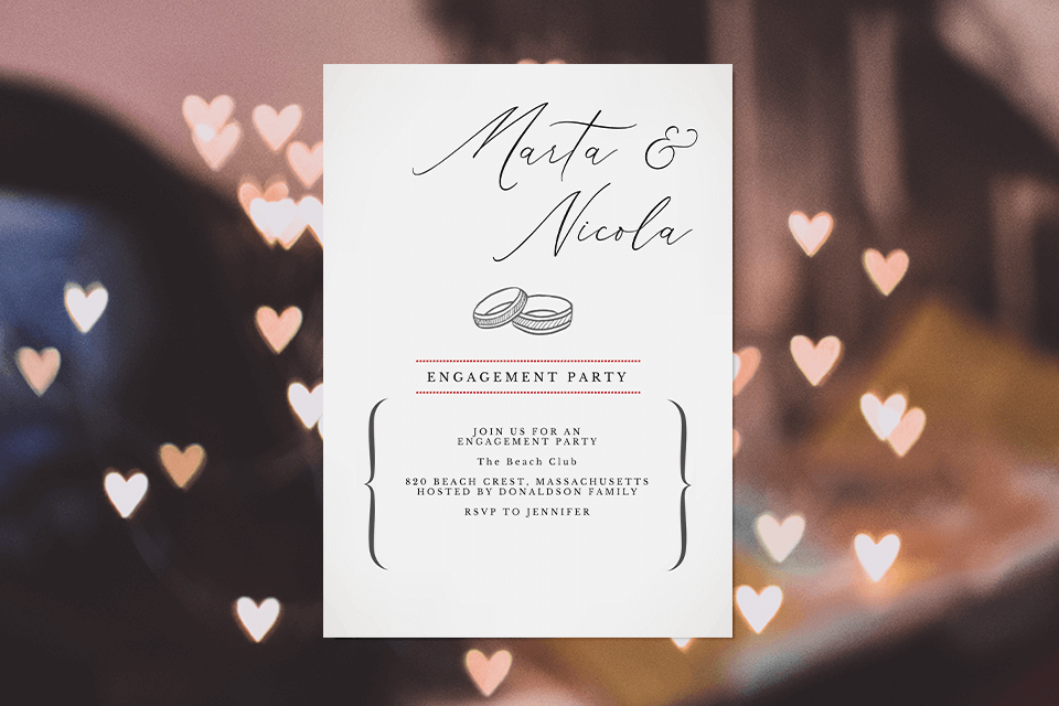 An exquisite engagement party invitation featuring intertwined wedding rings against heart-shaped light glares backdrop.