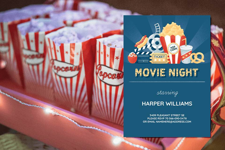 Invitation for Kids' Winter Birthday Movie Night: Resting on a Background of Popcorn Bags. The Invite Showcases Illustrated Movie Essentials - Popcorn, Drink, Ticket, and Hot Dog - Setting the Stage for a Fun-filled Celebration.