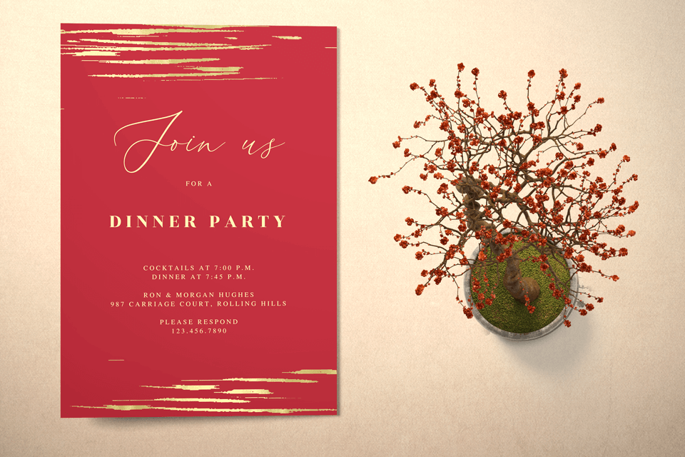 A meticulously cultivated bonsai tree stands in serene companionship next to a red dinner party invitation, suggesting an evening of refined elegance and tranquility.