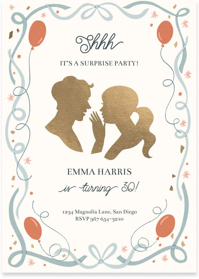 A Golden Surprise birthday party invitation by Meghann Rader for Greetings Island