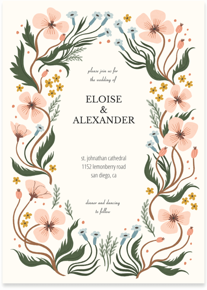 Wonderland Floral wedding invitation by Meghann Rader for Greetings Island