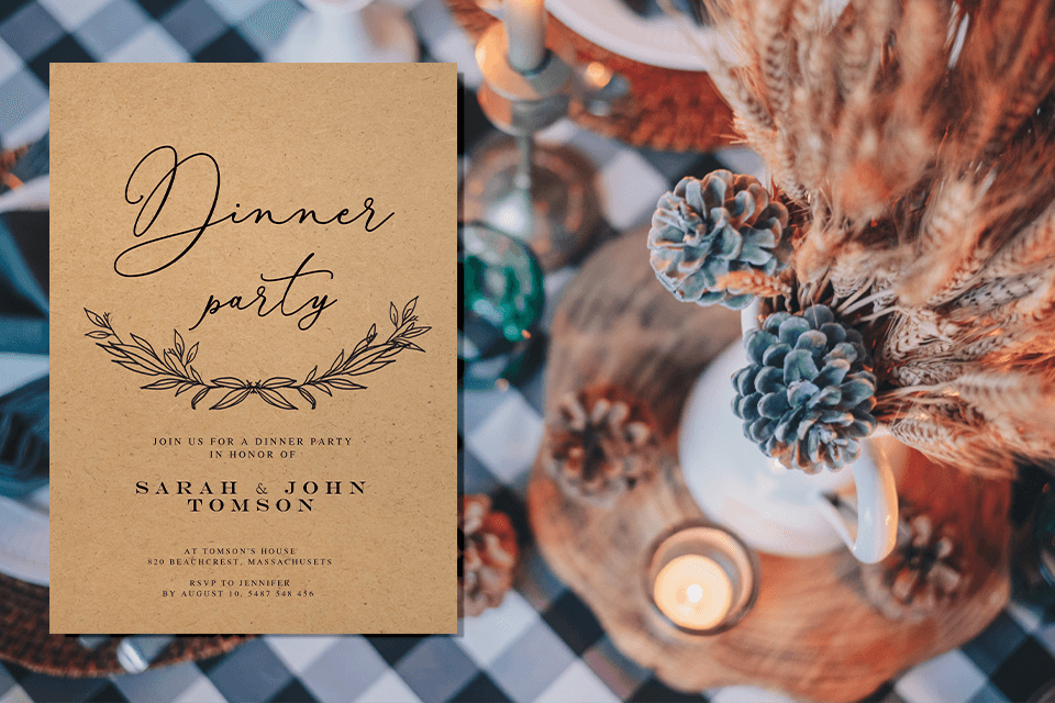A simple yet elegant dinner party invitation in the foreground, with the promise of a sophisticated evening, set against the backdrop of a tastefully decorated table.