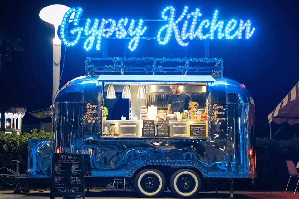 food truck serving at night at a Wedding Rehearsal Dinner