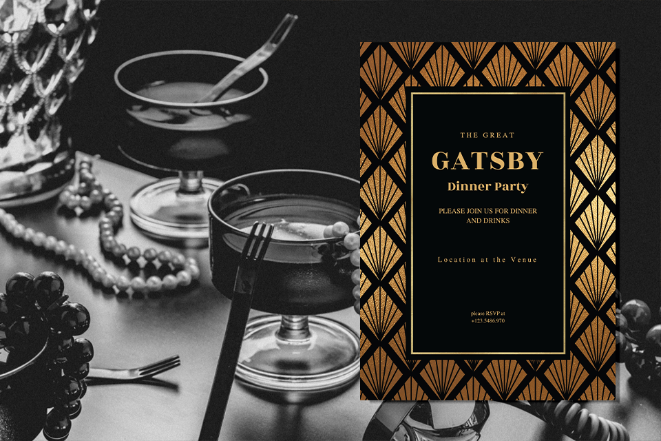 A 'Great Gatsby' themed dinner party invitation exuding Roaring Twenties glamour, with cocktail glasses and strings of pearls draped across a table in the background, setting the scene for a night of opulent revelry.