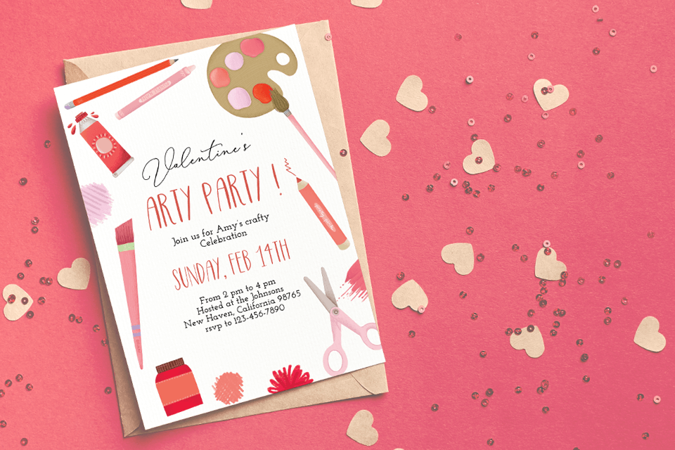 Vibrant Valentine's Day party invitation featuring lively colors and charming crafts illustrations against a backdrop of rich red, adorned with scattered hearts and beads for a festive touch.