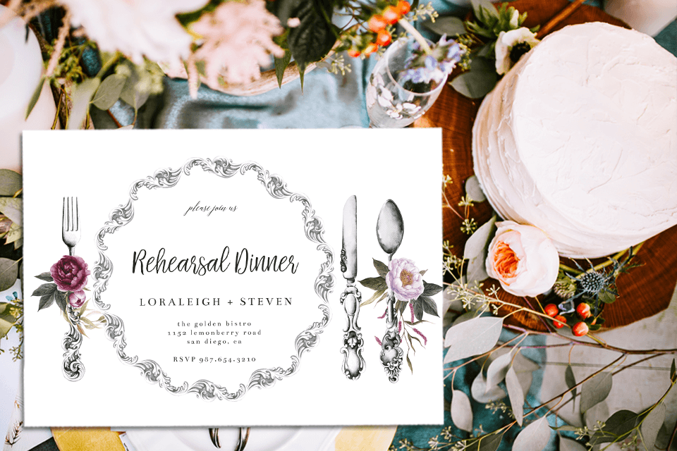 Wedding Rehearsal Dinner invitation featuring a charming dinnerware illustration. In the backdrop, an adorned table with roses and leaves sets an enchanting scene, complemented by an exquisite light pink cake.