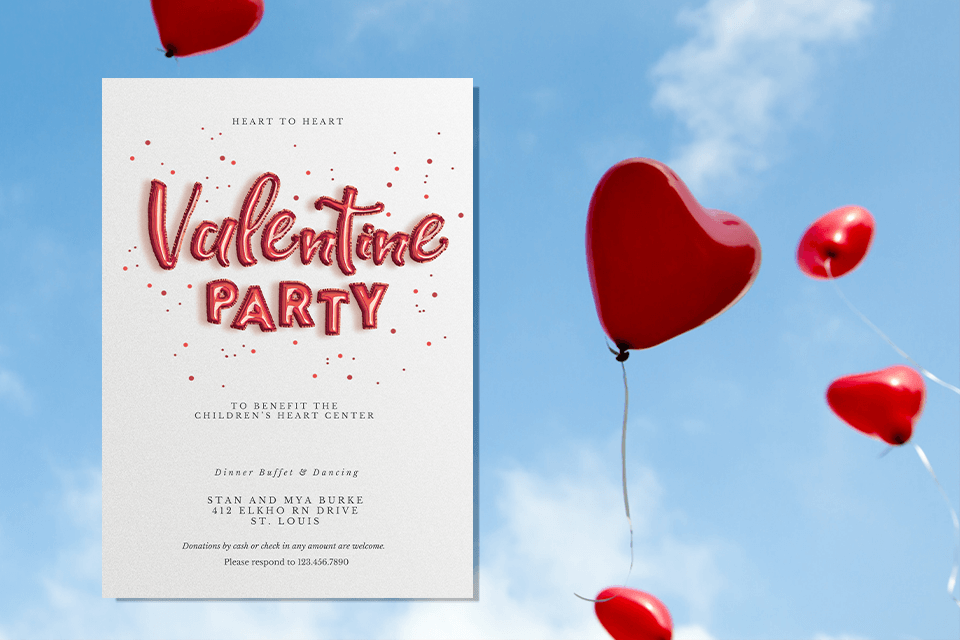 valentine's day party invitation with red balloon letters, in the background heart shaped balloons are photographed against the clear blue sky