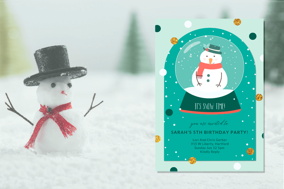 Festive Birthday Invitation: A Cheerful Snow Globe with a Snowman, Playfully Proclaiming 'It's Snow Time!' Green Background Speckled with White, Eliciting a Snowy Scene