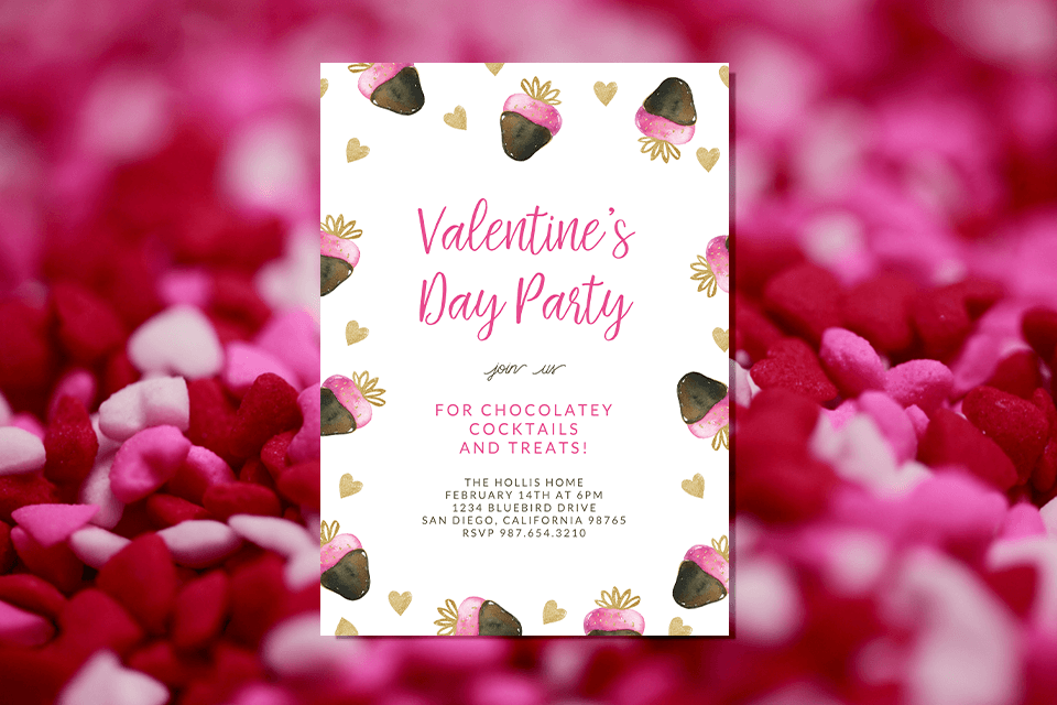 Valentine's day party invitation with chocolate strawberries on a red and pink hearts background