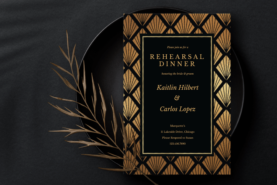 Elegant Wedding Rehearsal Dinner invitation exuding Gatsby-style opulence, adorned with a lavish black and gold shell design border. The invite rests on a sophisticated black plate, accented by a delicate bare branch motif for a touch of natural beauty.